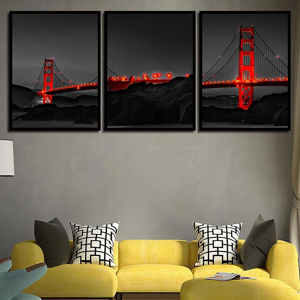 Картины в скандинавском стиле красные Золотые ворота мост Ночной пейзаж