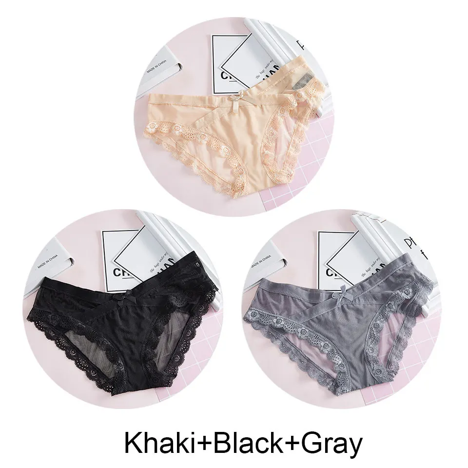 Khaki-Black-Gray 3 шт., сексуальные кружевные трусики для женщин, нижнее белье, низкая посадка, дышащие Бесшовные трусики, трусы, Прозрачное нижнее белье с бантиком для девушек, новинка - Цвет: Khaki-Black-Gray