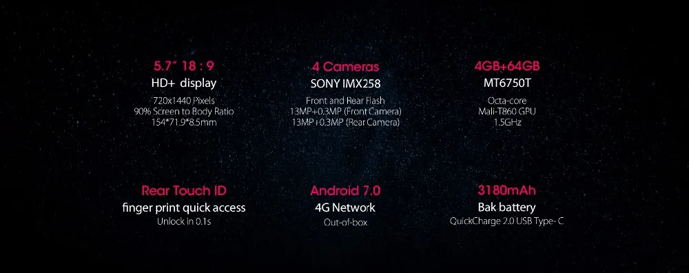 Blackview S8 4 камеры смартфона 5." 18:9 соотношение сторон Бесконечность Экран 4 ГБ+ 64 ГБ MTK6750T Восьмиядерный отпечатков пальцев 4 г мобильного телефона