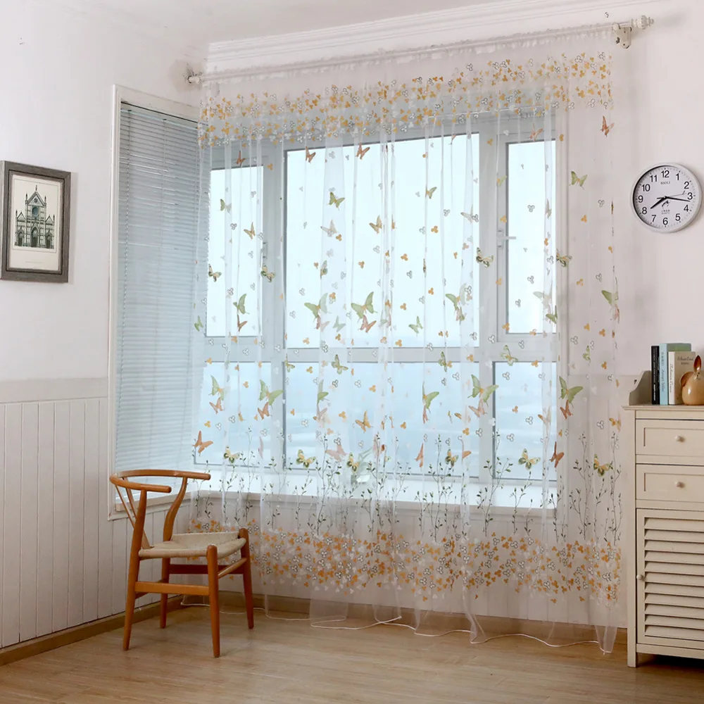 Тюлевые занавески светильник легкие оконные с вышивкой в виде бабочек для