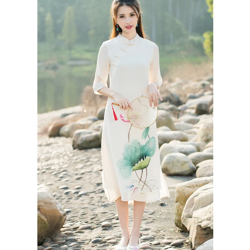 Hugguh Фирменная Новинка Для женщин белое платье Стенд воротник цветок лотоса