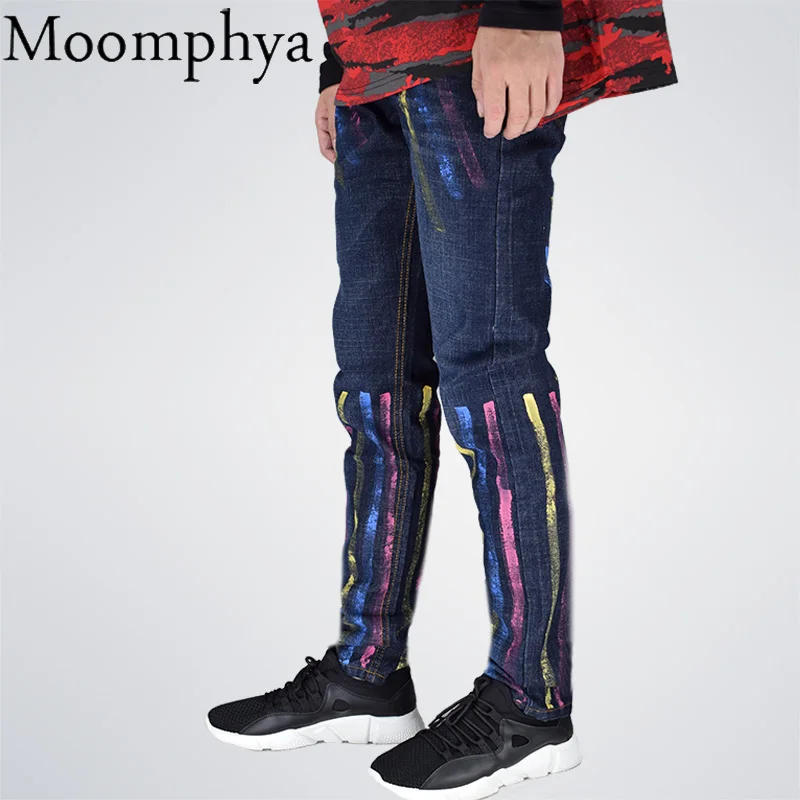 Moomphya/2018 джинсы скинни мужские байкерские красочным принтом прямые брюки на