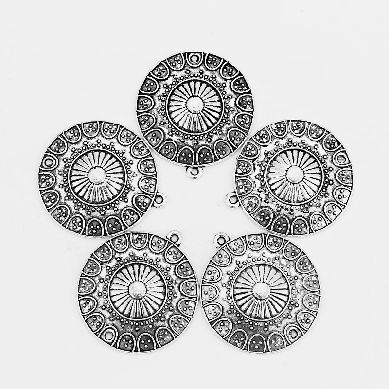 

10pcs Zinc Alloy Round Charm necklace for women men Carved Flower Ethnic style earring accessories For DIY Jewery Making 30*30mm