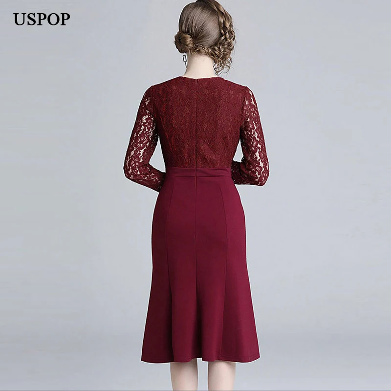 USPOP 2019 New women mermaid dress vintage trumpet full sleeve empire solid color sheath | Женская одежда
