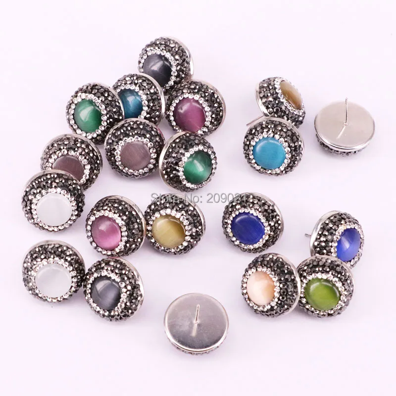 

10Pair Crystal Rhinestone Pave Round Cat Eye Stone Earring Studs, Gems Earrings Jewelry Findings