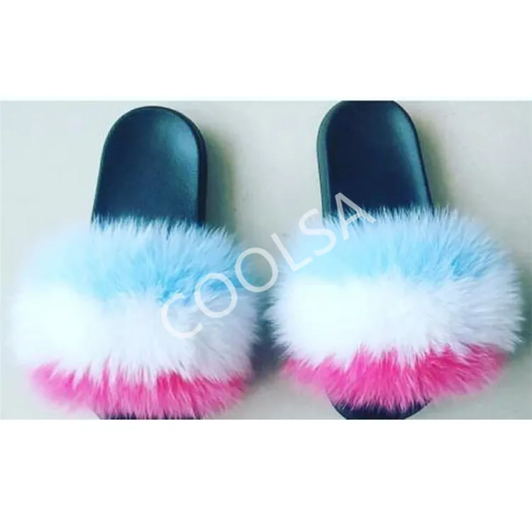 Women's Summer Fur Slippers Indoor Warm Fluffy Plush Home Shoes Woman Real Fox Hair Fur Slides Furry Sandals Female Flip Flops