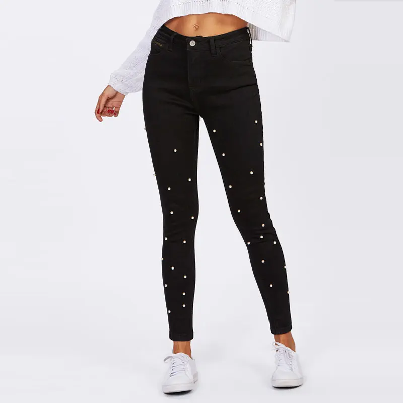 SHEIN Модные Джинсы С Бусинами Женские Элегантные Черные Длинные Джинсовые Брюки