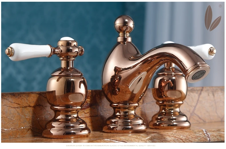 Европейский латунный кран с тремя отверстиями цвета розового золота роскошный
