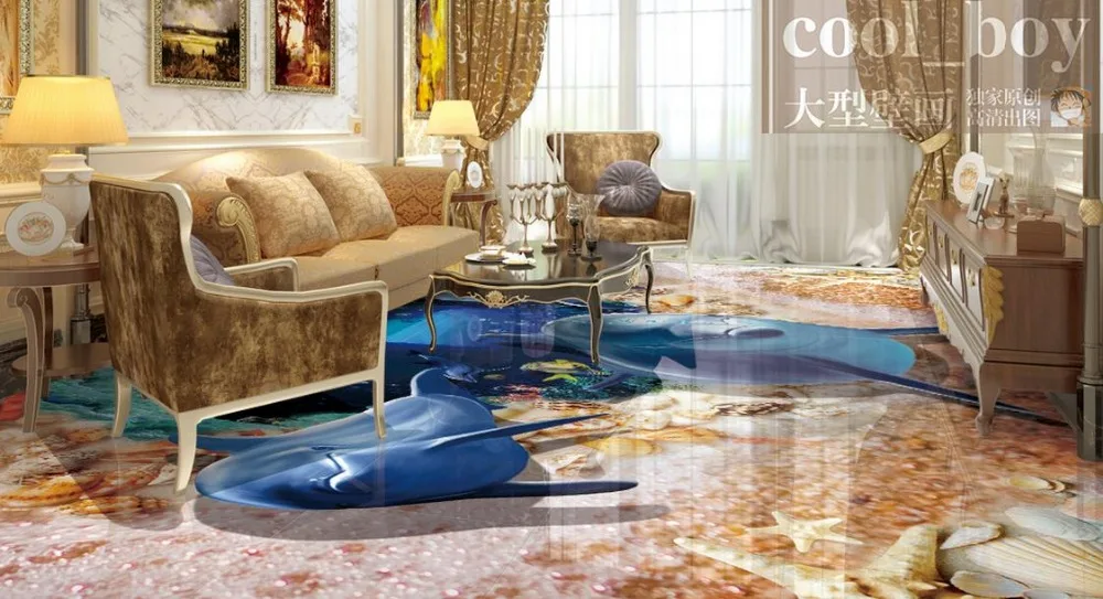 Пользовательские 3d напольные плитки Дельфин оболочки пляжа окна обои фотообои