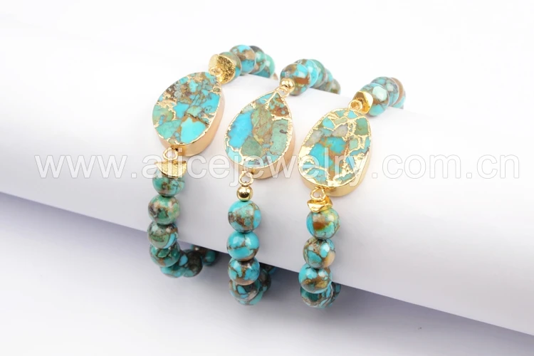 BOROSA 3 шт медные, золотистого цвета натуральная бирюза с 8 мм Beads ISES Бусы Браслеты стильное ювелирное изделие из драгоценных камней в подарок G1720