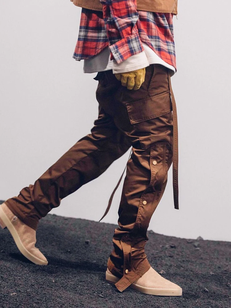 Dark Icon Solid Color Side Button Straight Pants Men New High Street Men's Pants Elastic Drawstring Waist Men Pants Trouser