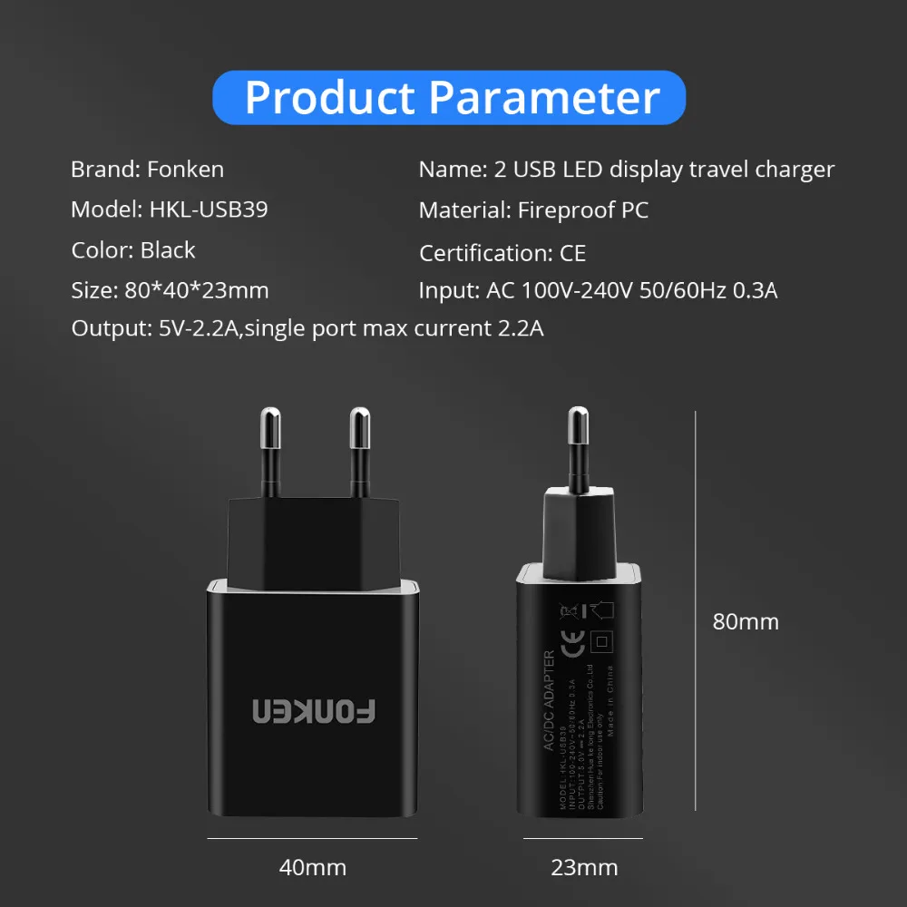 FONKEN светодиодный дисплей USB зарядное устройство 2 порта 5 в 2.2A портативный адаптер постоянного тока Быстрая зарядка Двойная зарядка настенное зарядное устройство для телефона зарядное устройство s