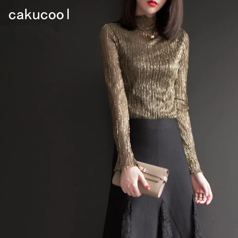 Cakucool Горячая Золотой Люрекс блузки рубашка Для женщин с длинным рукавом и