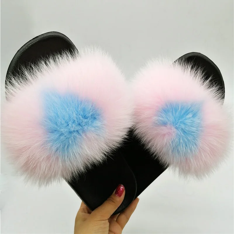 

Fur Slides Women Real Fox Fur Slippers Fluffy Furry Slippers Flat Summer Sandals Female Cute House Shoes Woman Brand Luxury Shoe