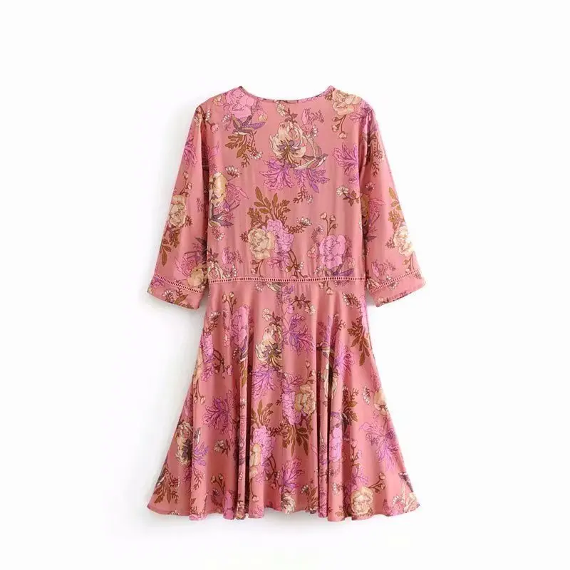 Женское пляжное платье миди VOGUEIN розовое/черное с цветочным принтом и рукавом 3/4