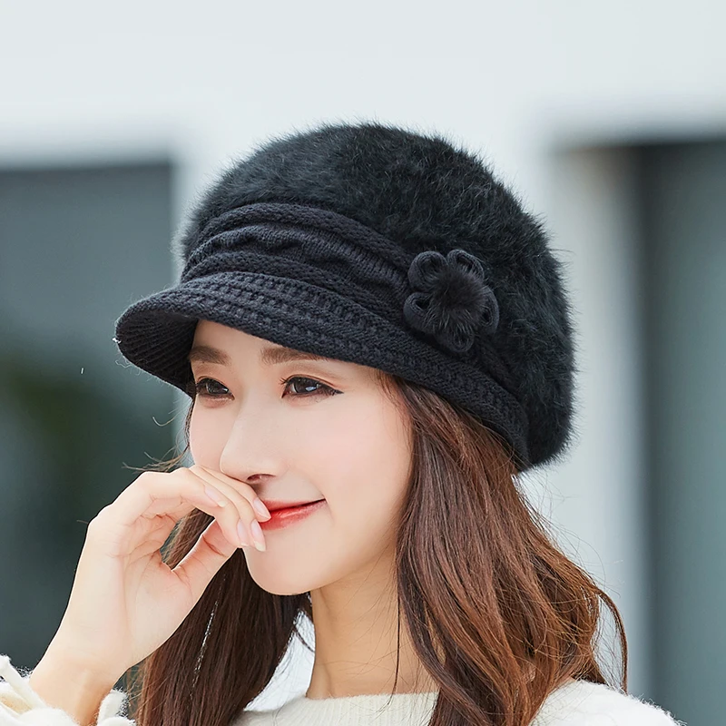 

New Women Rabbit Fur Knitted Berets Hats Casual Solid Color Autumn Winter Hat Female Bonnet Caps Boina Feminino
