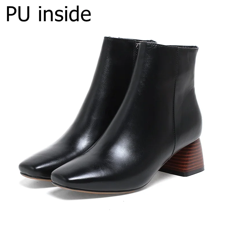 black PU inside ZVQ/ботильоны из натуральной кожи Большие размеры 33-43; женская плюшевая обувь женская зимняя обувь на квадратном каблуке 5,5 см; черный, бежевый цвет; 2 цвета; большие размеры - Цвет: black PU inside
