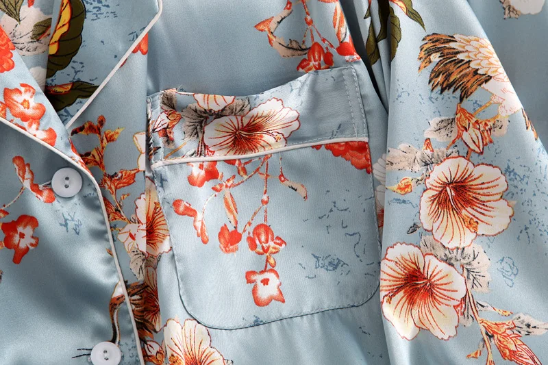 Sexy Women pajamas set Satin Sleepwear Pijamas Silk Feeling Long Sleeve Flower Print Pajamas Sets for Pijama Feminino | Женская одежда