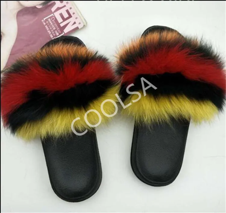 Women's Summer Fur Slippers Indoor Warm Fluffy Plush Home Shoes Woman Real Fox Hair Fur Slides Furry Sandals Female Flip Flops