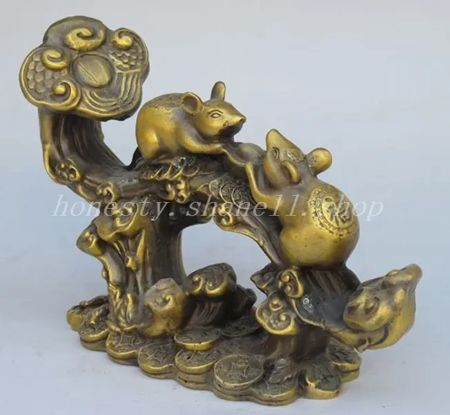 

Изысканные китайские коллекционные предметы старая декорированная латунная скульптура богатство счастливая мышь статуя денежной сумки