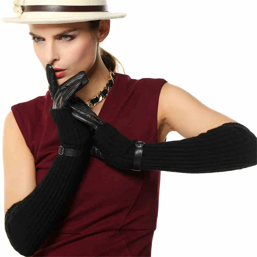 New Women Gloves Top Fashion Two Pieces Wrist Genuine Leather Glove + Knitted Arm Sleeve Thermal Winter Driving L137NN