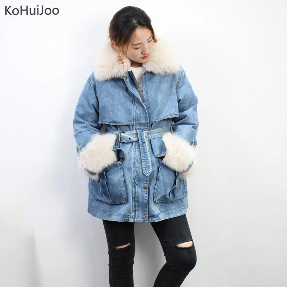 Женская длинная джинсовая куртка KoHuiJoo зимняя теплая пуховая с натуральным