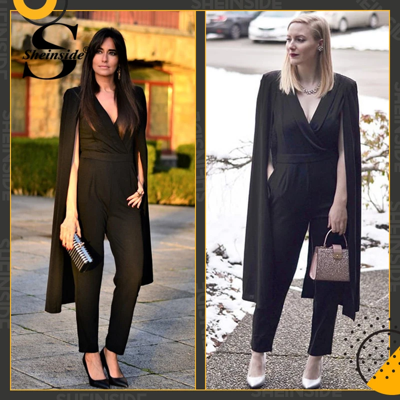 Sheinside, накидка, рукав, с запахом, Классический комбинезон, черный, v-образный вырез, с разрезом, рукав, повседневный комбинезон, элегантный женский комбинезон