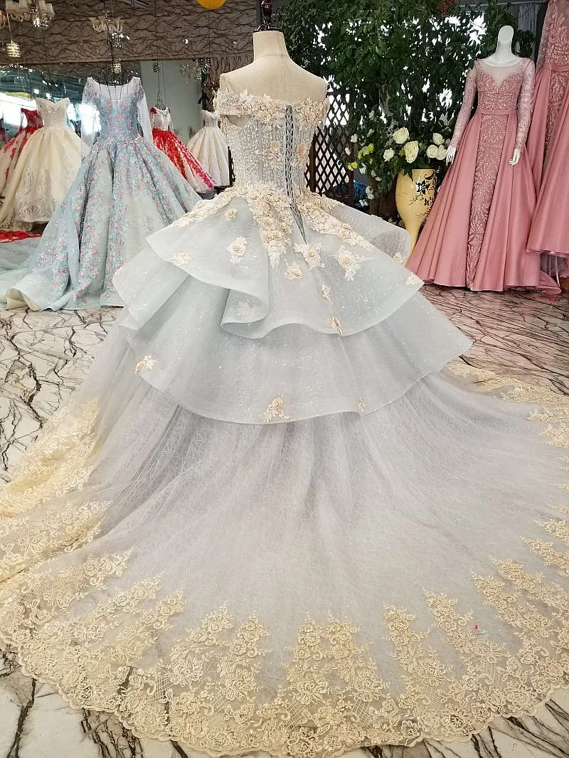 AOLANES 2018 Vintage Gray Tulle Sweetheart Sleeveless Wedding Dresses Cathedral Train Lace Up Off The Shoulder Bridal Gowns Real | Свадьбы и