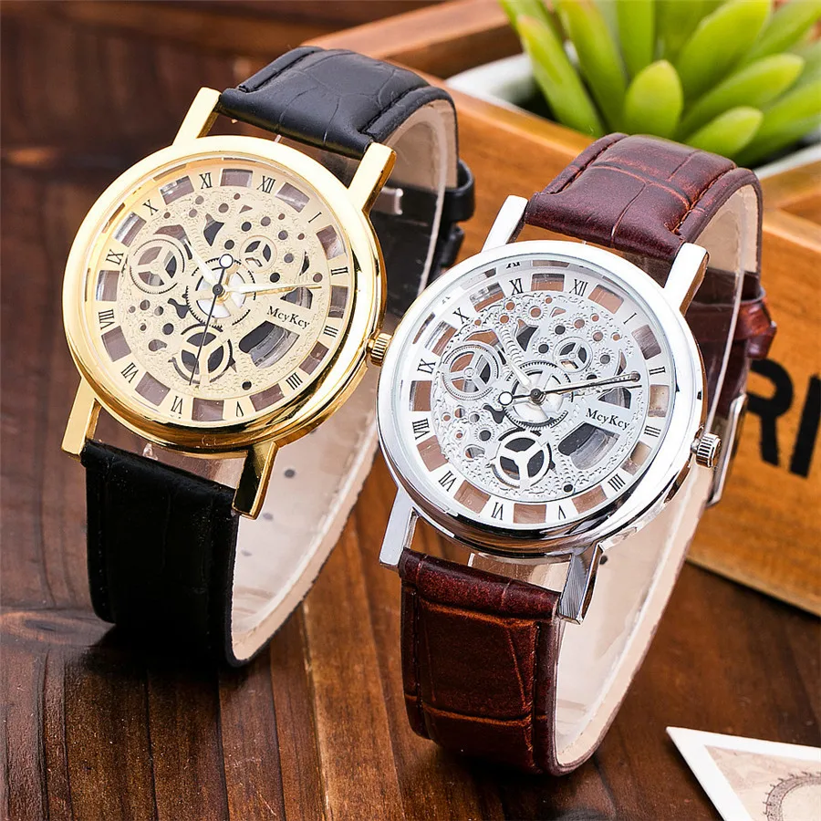 

Hot Sale women imitation mechanical watch Fashion Leather Straps Transparent hollow Roman Numerals Watch Reloj