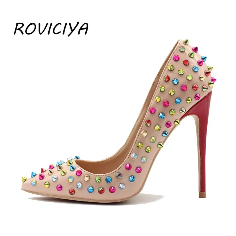 

Patent leather with Colourful Rivet Shoes Women Pointed Toe High Heels Sexy Women Pumps 12 cm Stilettos MD001 ROVICIYA