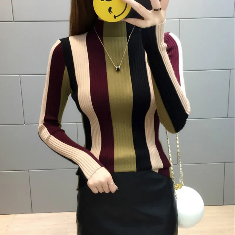 Striped Sweater Contrast Color Women Knit Pullovers 2019 Autumn Long-sleeved Knitwear Ladies Turtleneck Casual Tops W342 | Женская