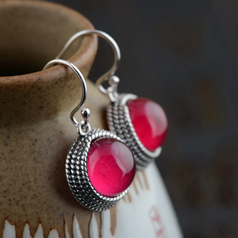 

Red corundum S925 silver silver earrings wholesale handmade lace style minimalist atmosphere Earrings