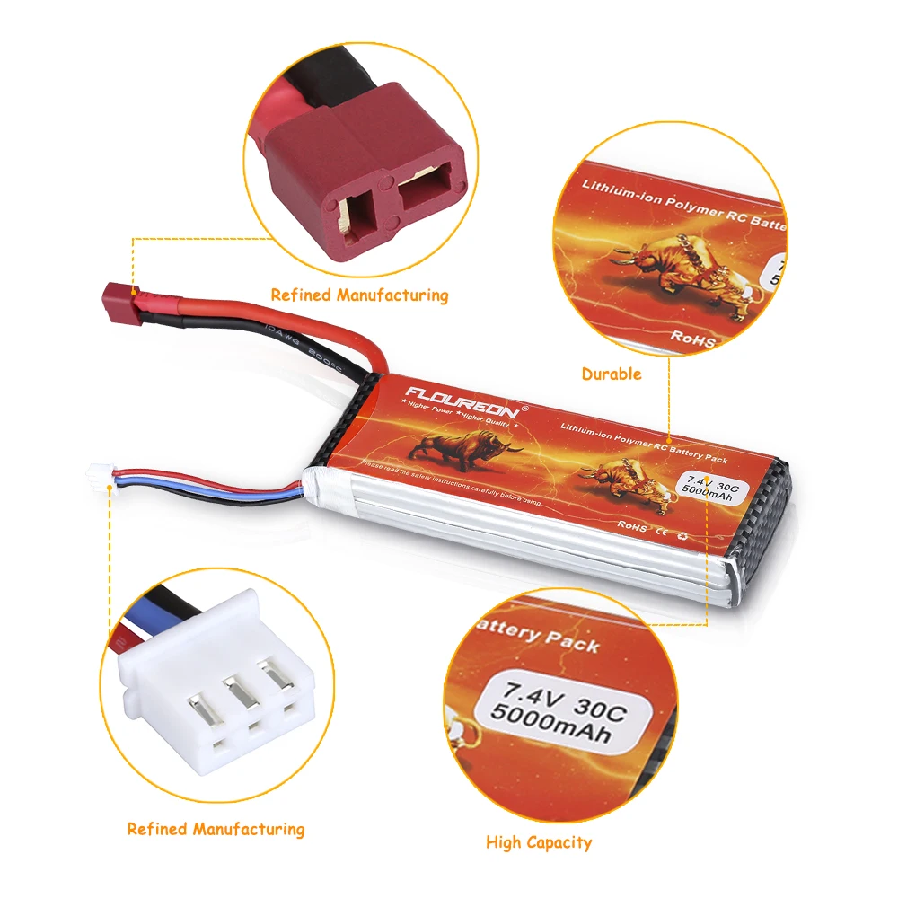 Floureon 7 4 V 5000 mAh 30C 2 S разъем типа deans LiPo батарея для DIY RC eader BX автомобиль/RC Самолет