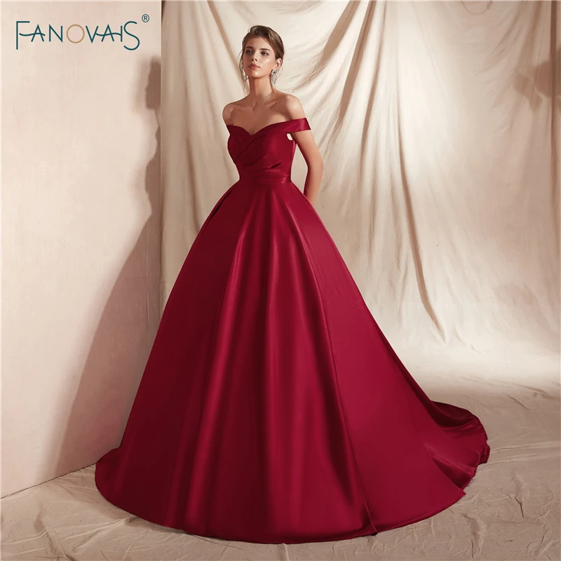 

Satin Burgundy Evening Dresses 2019 Off the Shoulder Princess Ball Gown Evening Gowns Long Train Vestido de Fiesta NE18