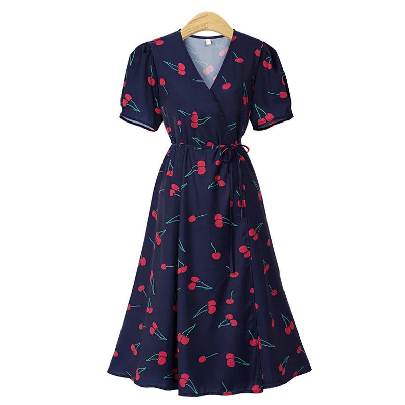 Платье Trytree женское повседневное с принтом вишни треугольным вырезом