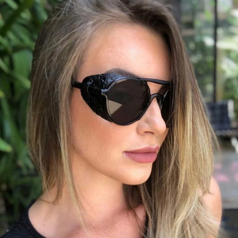 Модные круглые солнцезащитные очки FEISHINI в стиле стимпанк женские кожаные