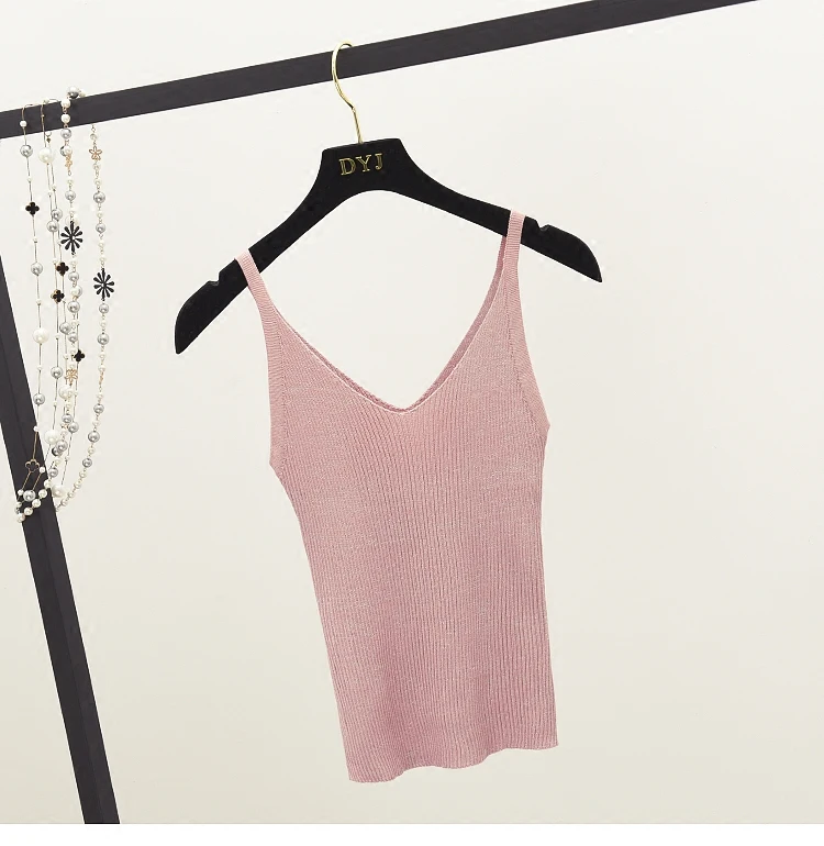 pink Новинка, летние вязаные топы, женские короткие топы, сексуальные топы с золотой нитью, майка, майка с открытыми плечами, белая, для фитнеса, Femme - Цвет: pink