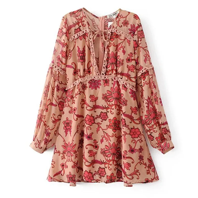 Лето dress женщины 2017 fincati новый кружева лоскутное фонарь рукав глубокий v шеи мини
