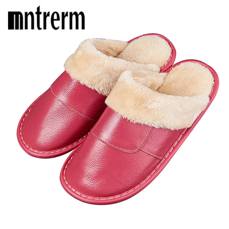 Mntrerm Women's Slippers Winter Genuine Leather Thick Plush Home Indoor Non-slip Thermal Slippers 2020 New Lovers Home Shoes