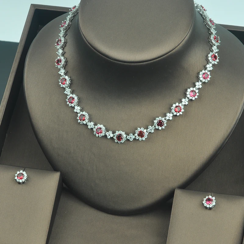 HIBRIDE Elegant Flower Red Cubic Zirconia Earring Necklace Jewelry Sets For Women Bridal Dress Accessories Set Gifts N-329 | Украшения и