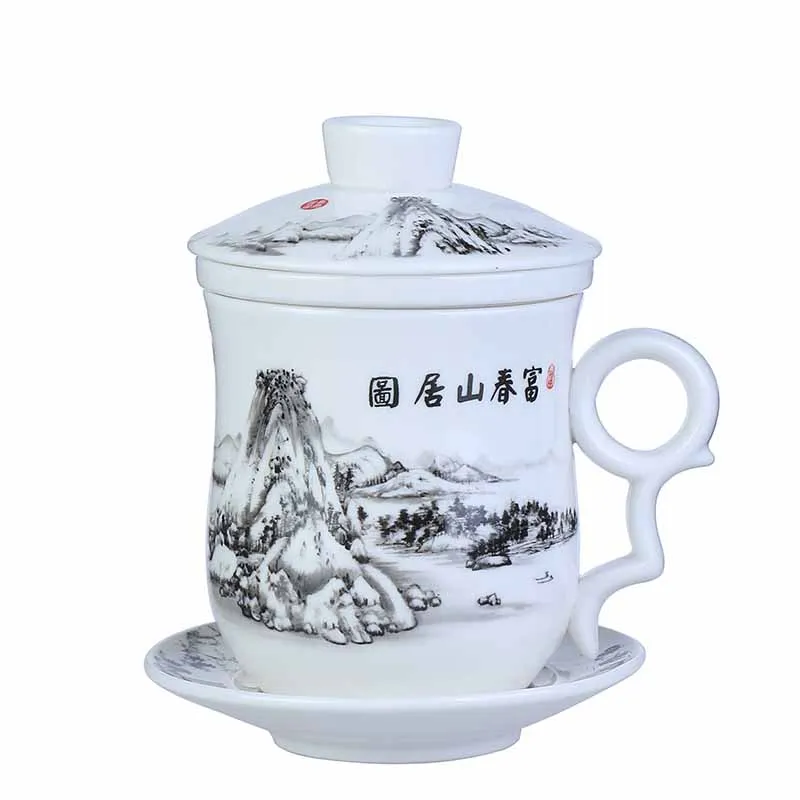 Фарфоровая керамическая офисная чашка из четырех частей сине-белая с крышкой