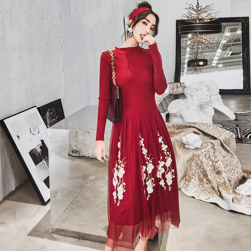 New winter knitting sweater dress off two gauze embroidery women warm show thin the tower | Женская одежда