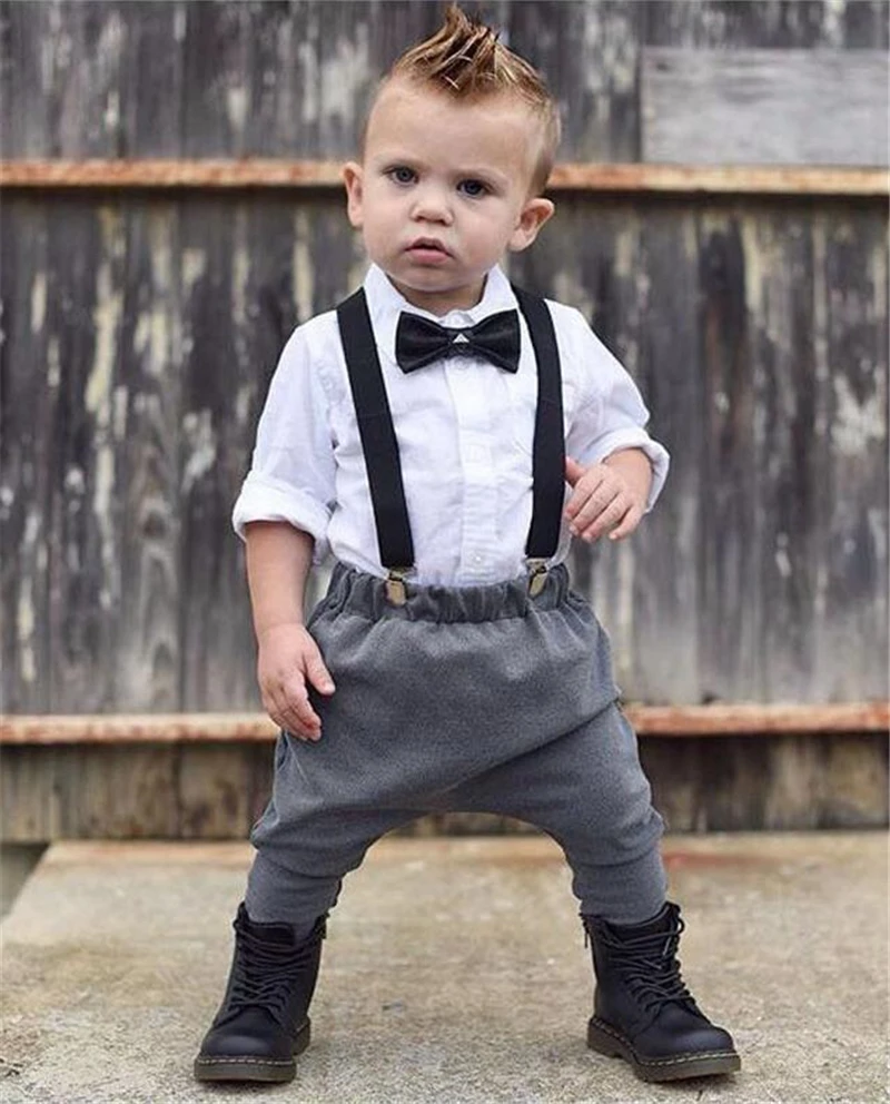Little Gentleman Costume Newborn Baby Boy Clothes White T-shirt Tops + Overalls Suspender Trouser 2PCS Outfit Spring Autumn Suit |