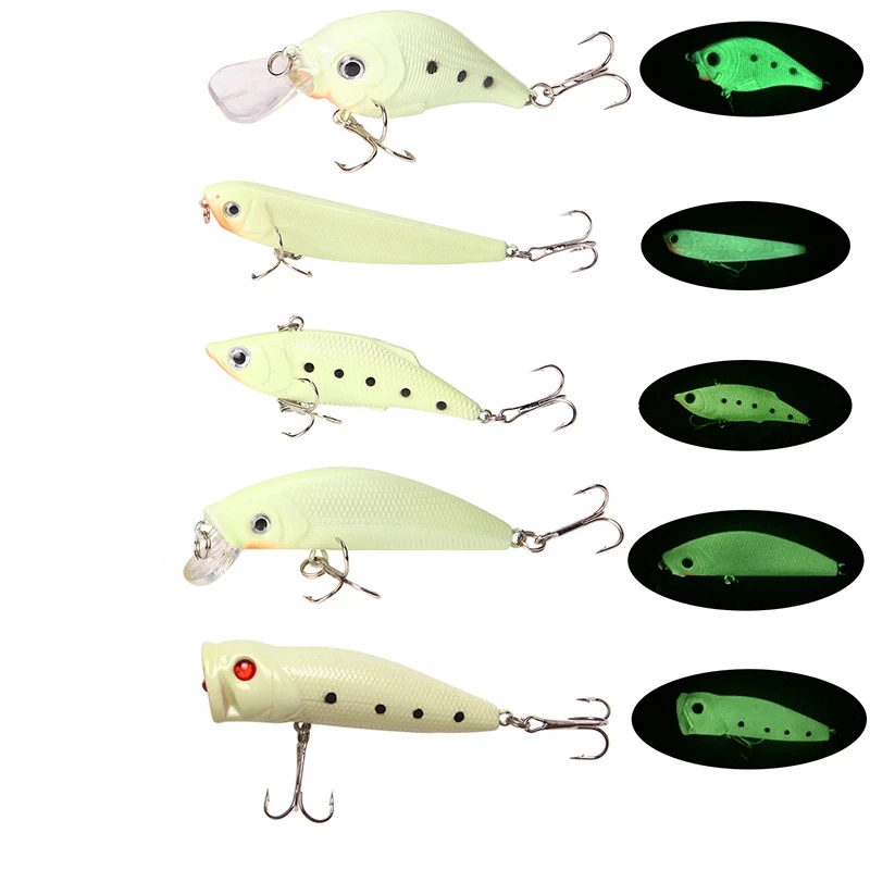 5 шт./компл. смешанные воблеры Minnow Pencil VIB Popper Night светящиеся искусственные 3D