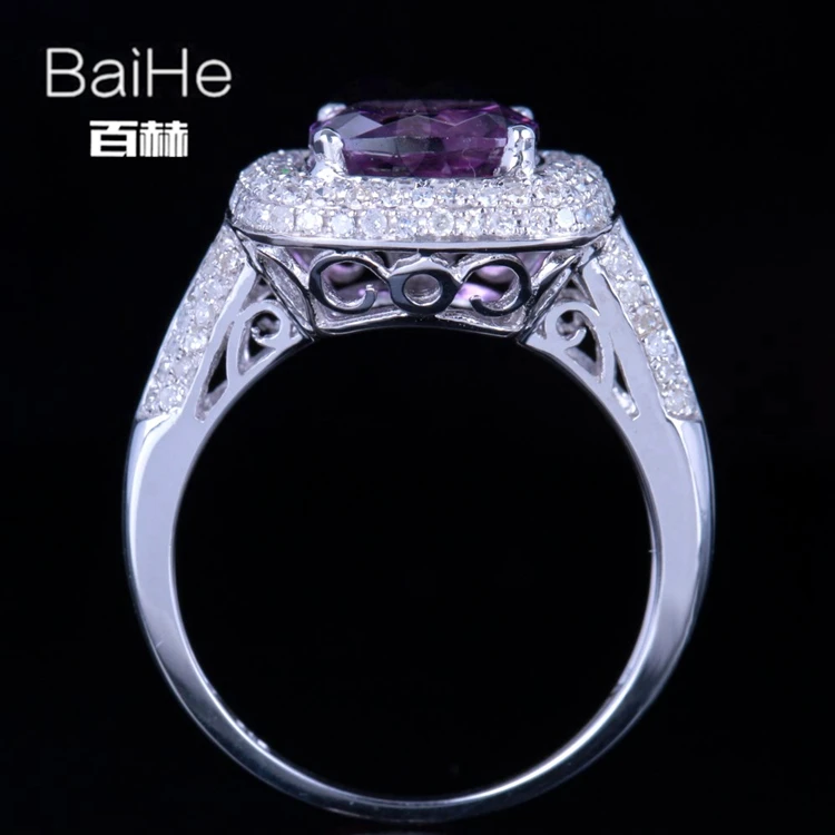 Baihe стерлингового серебра 925 2.3ct сертифицированных Подушки безупречный натуральная Аметист Свадебные Для женщин Винтаж уникальный элегантный кольцо