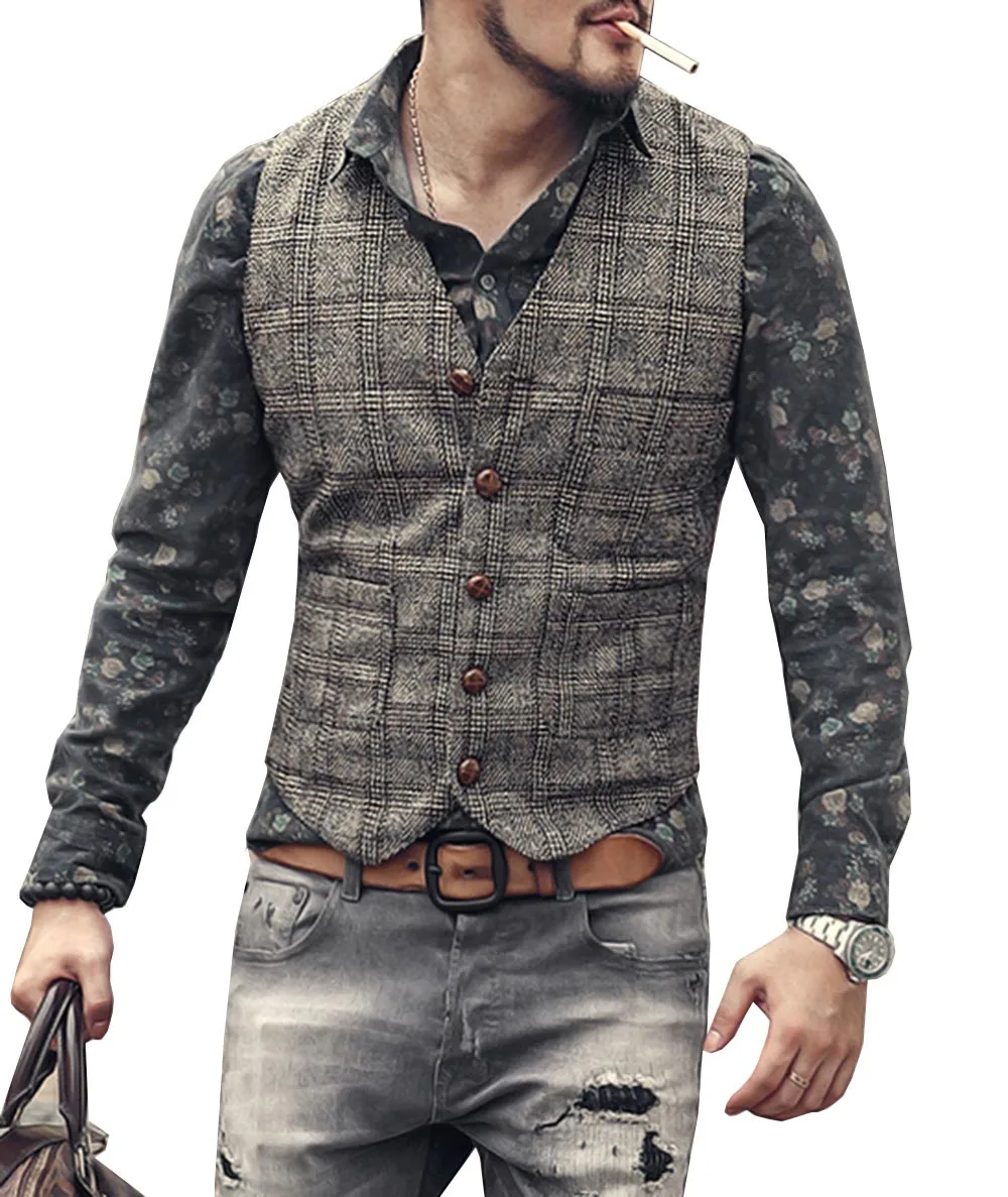 

Mens Suit Vest Plaid Neck Wool Brown Single-breasted Slim Fit Waistcoat Casual Formal Business Groomman For Wedding Best Man