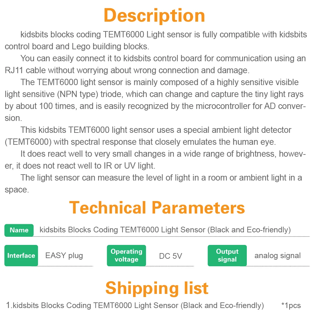 Kidsbits блоки кодирования TEMT6000 датчик света для Arduino ствола|Аксессуары