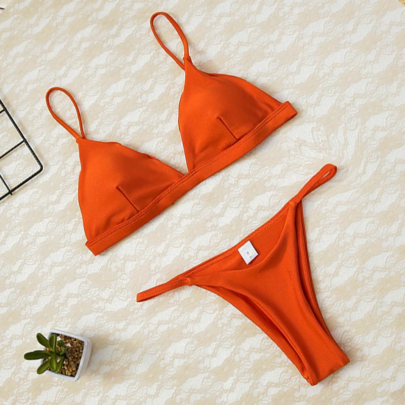 orange Женское микро-бикини, набор, пуш-ап, одежда для плавания, Одноцветный, пляжный купальник, бразильские стринги, купальник для девочек, бикини, купальник для женщин - Цвет: orange