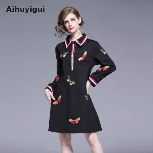 Aihuyigui осеннее женское платье с вышивкой в виде бабочки элегантное трапеция
