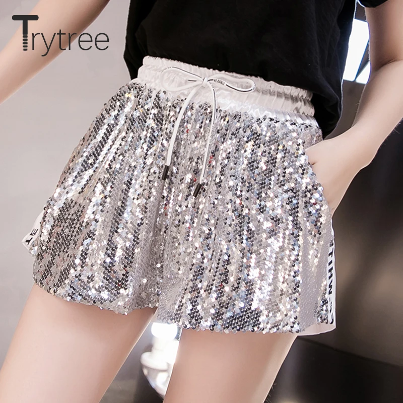 Trytree летние крутые шорты с пайетками для женщин повседневные шелковистые из